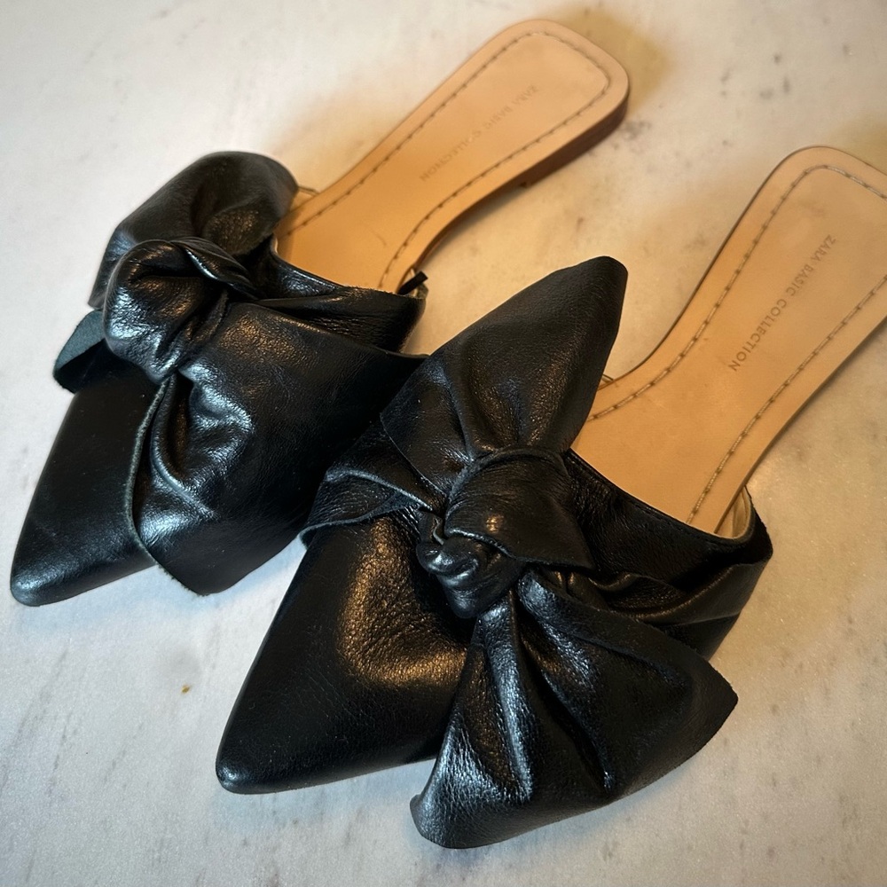 Zara Black Bow Leather Mules